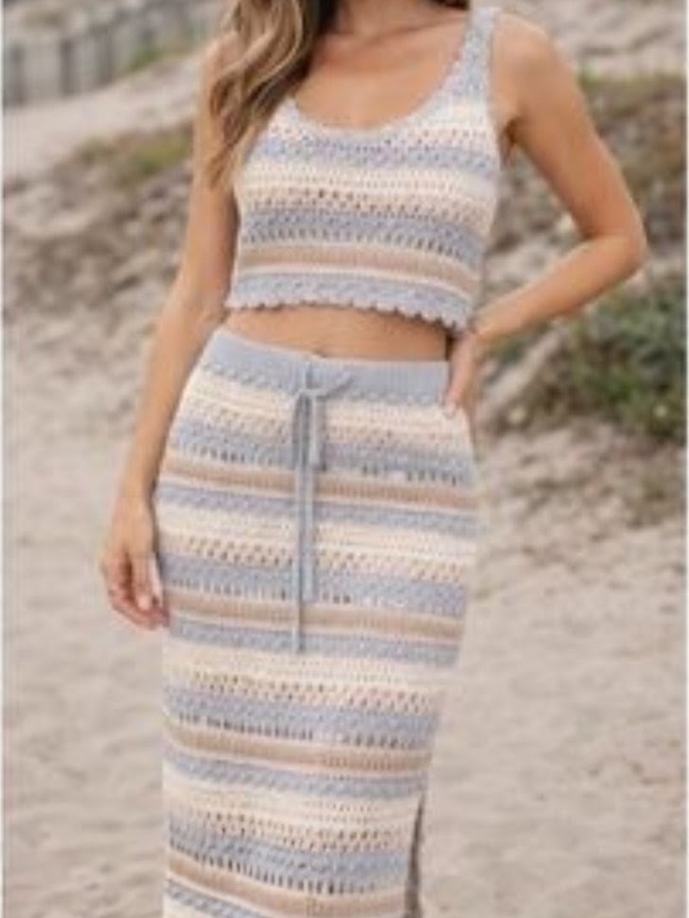 Crochet Striped Knit Maxi Skirt - Blue & Cream